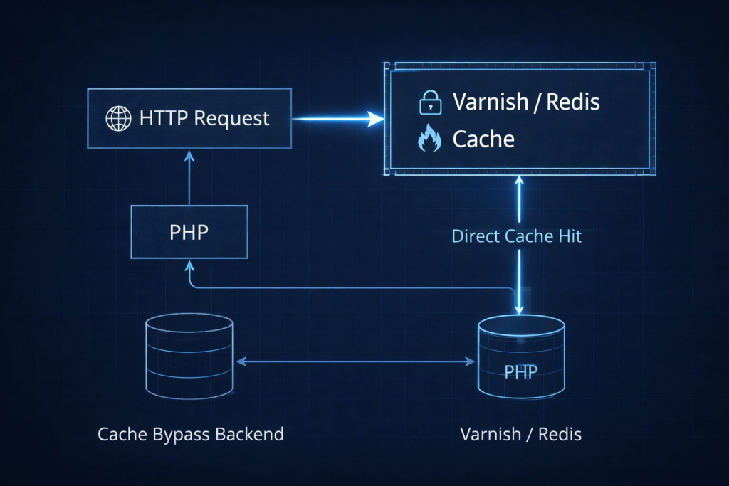 Flowchart showing an HTTP request bypassing PHP Database Серверное кэширование