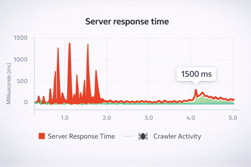 Line chart showing server response time spikes and stabilization over time Как учитывает TTFB Яндекс