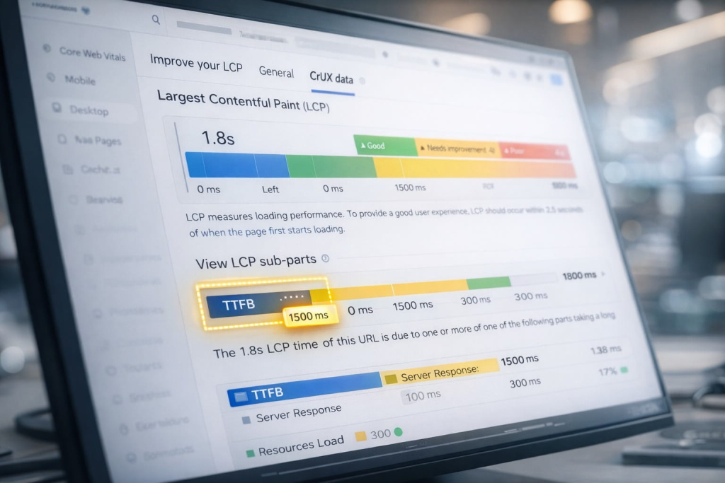 Google Search Console or PageSpeed Insights interface showing Является ли TTFB прямым фактором ранжирования Google